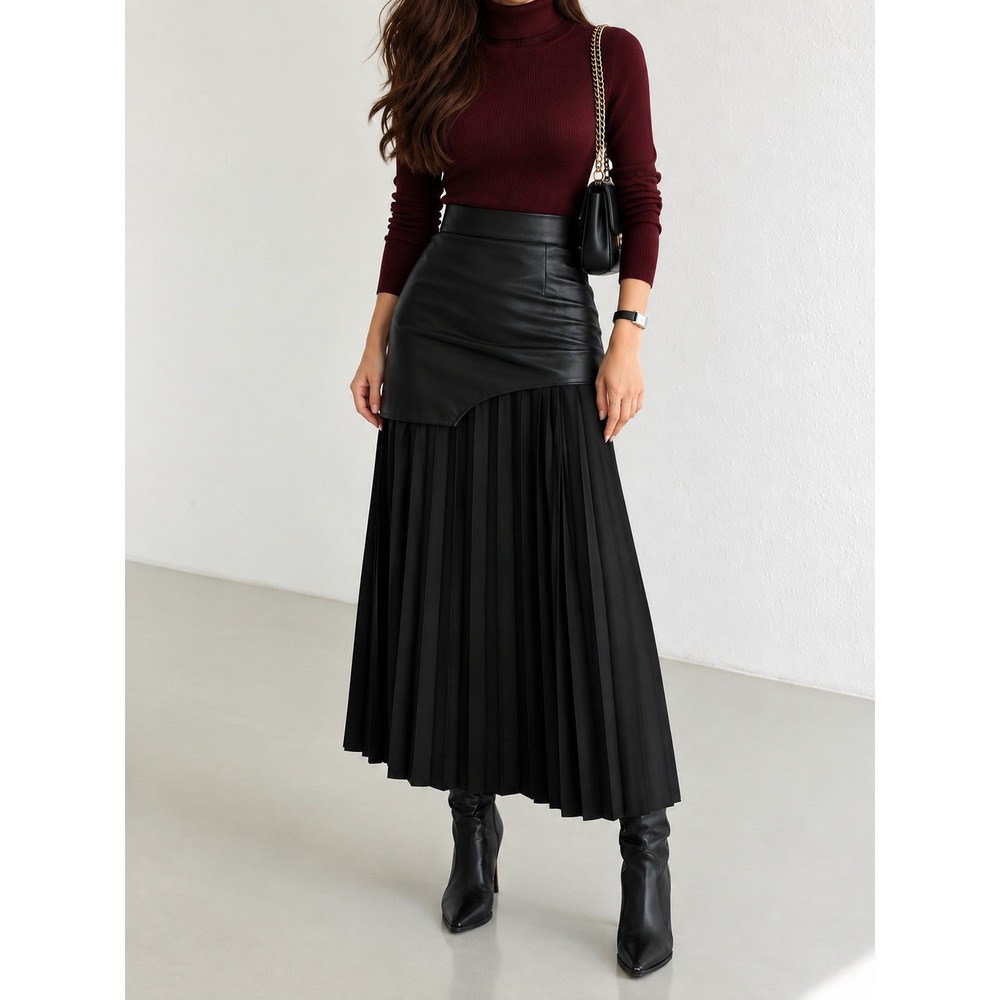 COMMENSE Black Faux Leather Chiffon Pleated Asymmetric Maxi Skirt XS NEW